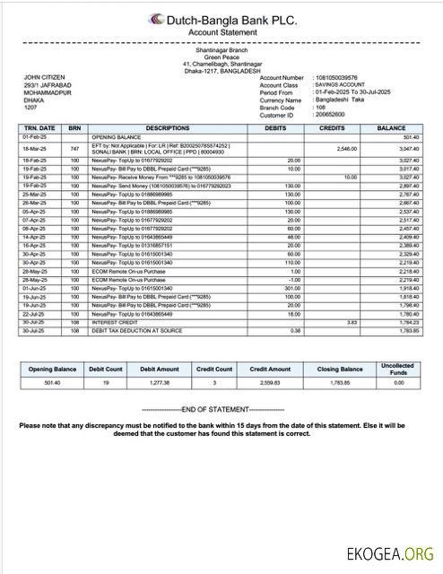 Bangladesh Dutch Bangla Bank Limited Relevé de compte Modèle Word et PDF